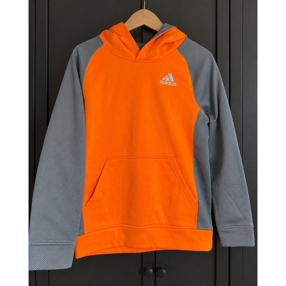 Adidas Mens Climawarm Hoodie Orange Grey Raglan Pullover Sweatshirt Large 14/16